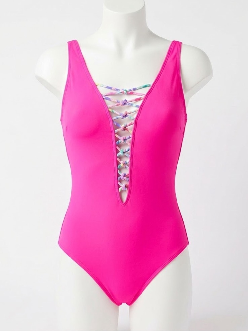 Lilly Pulitzer Isle Lattice One Piece Swimsuit Pink Starburst Plunge Neck Size 6